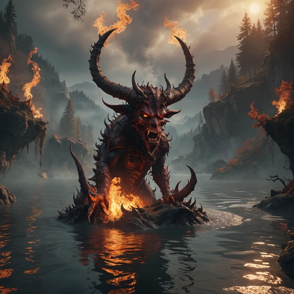 Burning Horned Devil Dives into Lake