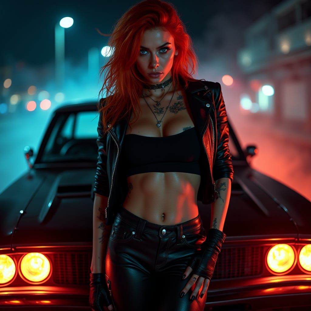 Red-Haired Woman Leaning on Modified Car in Neon-Noir Style