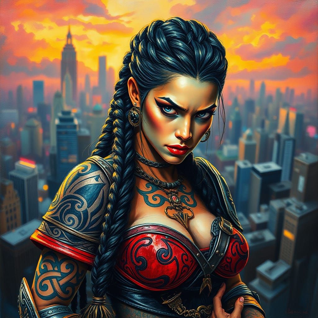 Dystopian Latina Warrior with Celtic Tattoos in Impasto Styl...