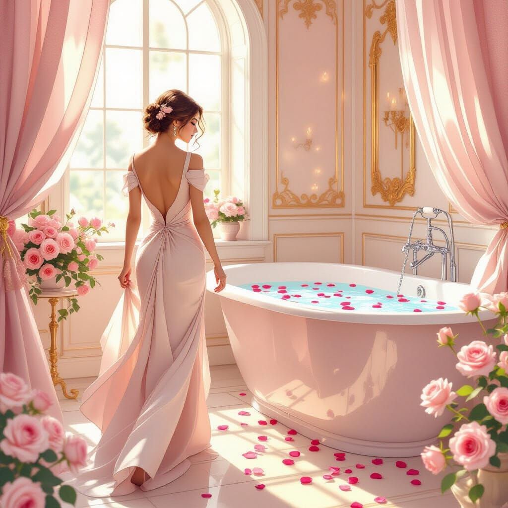 Elegant Woman in Rose-Filled Bedroom, Art Nouveau