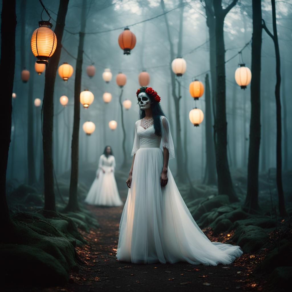Día de los Muertos Woman in Misty Forest