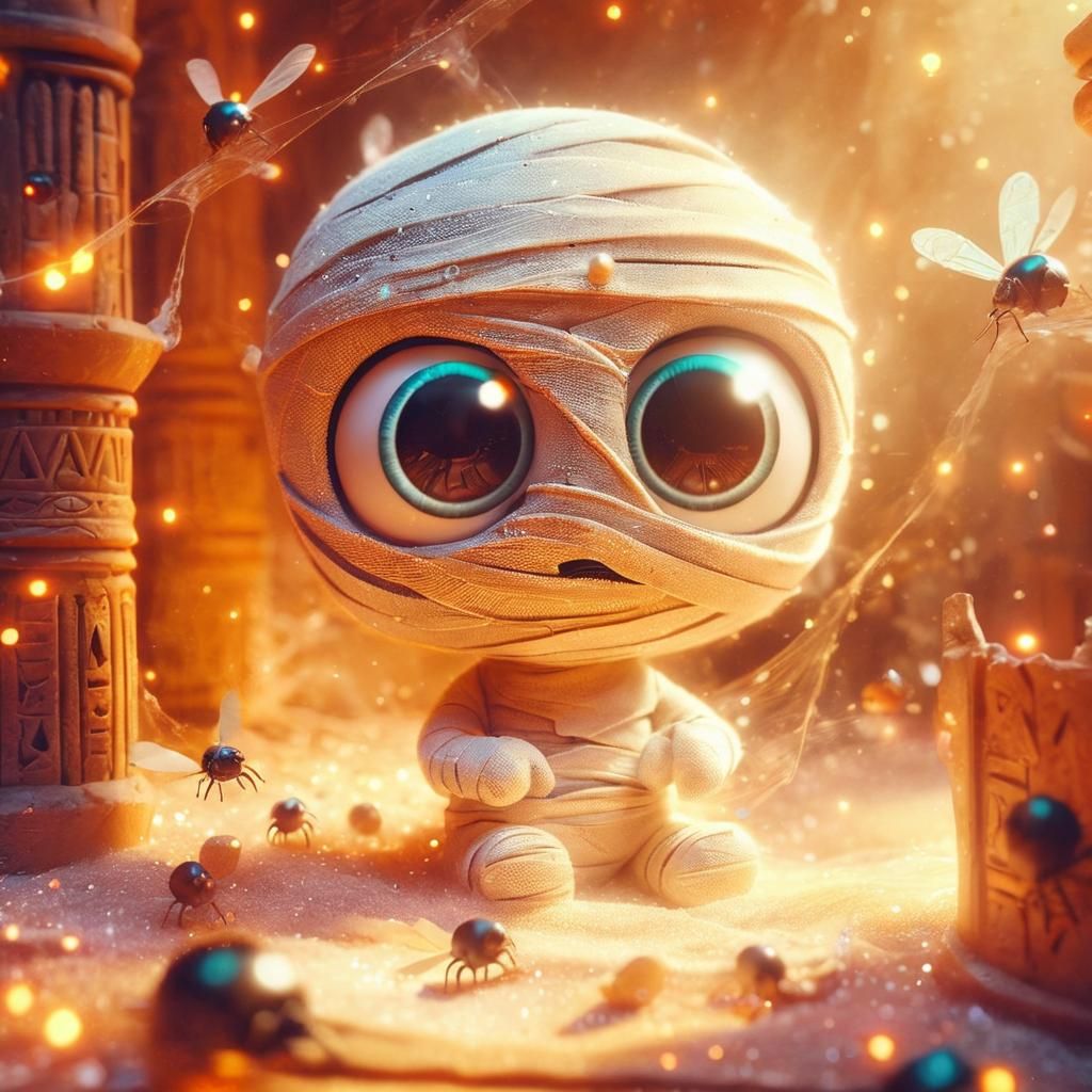 Whimsical Mummy in Egyptian Tomb, Digital Illustration