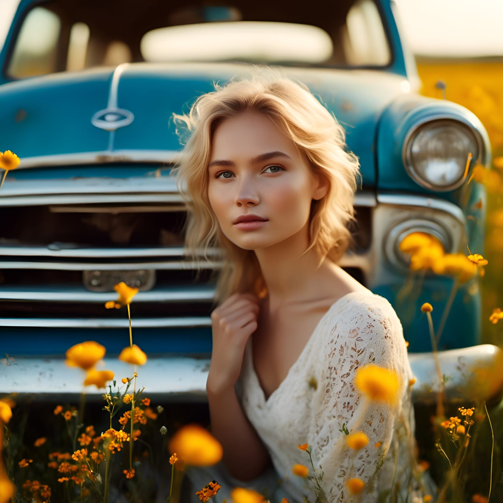 Blonde Model and Ford Car in Wildflower Field