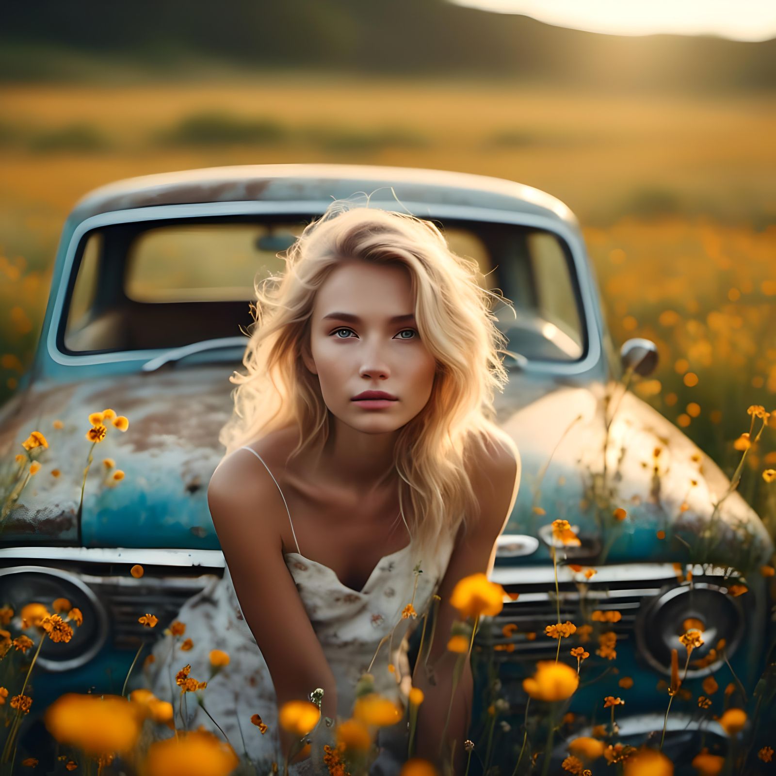 Blonde Model Leans on Car in Wildflower Field