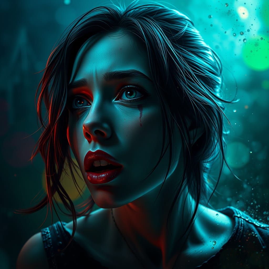 Hyperrealistic Portrait of a Woman in Fearful Fascination