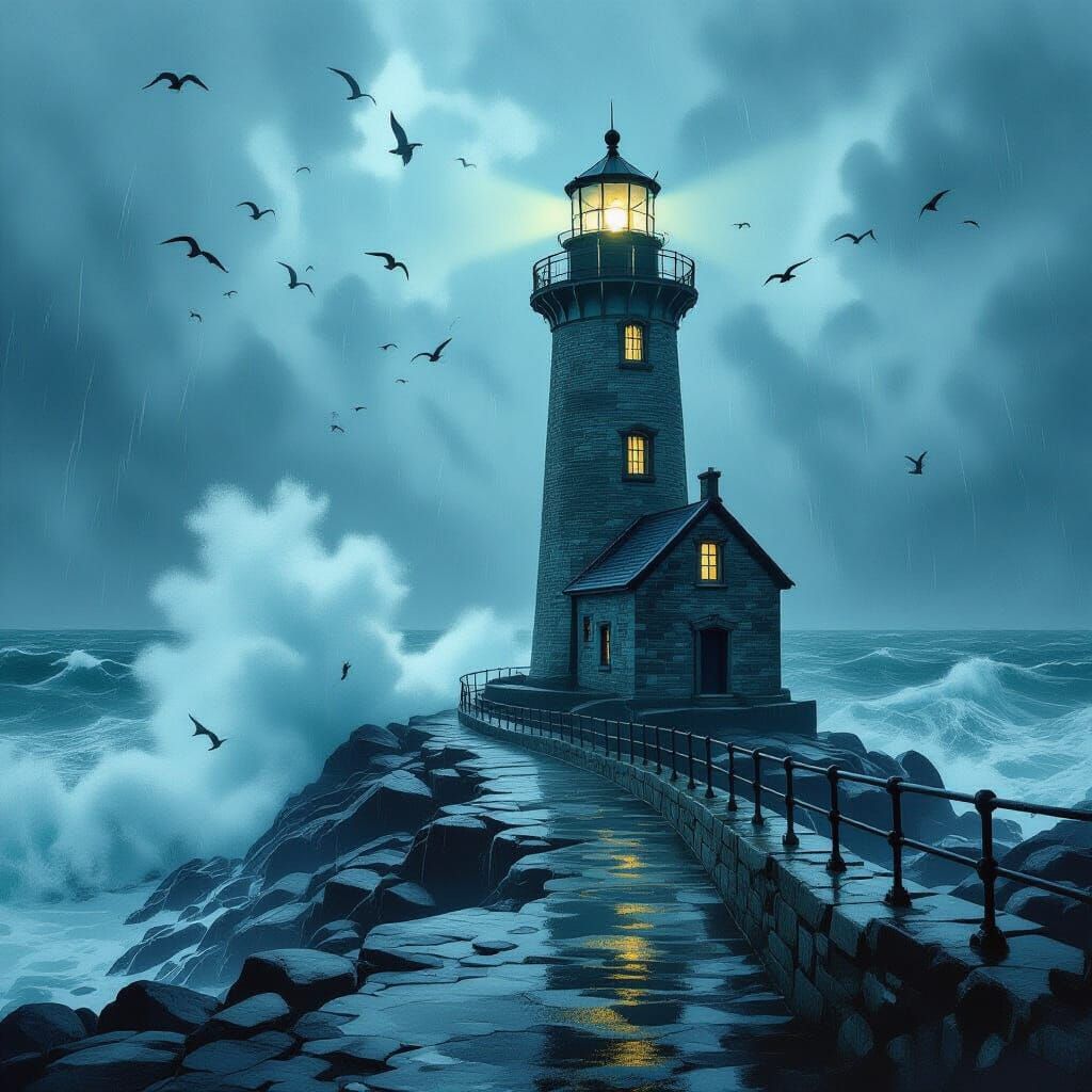 Creepy Lighthouse in Stormy Seas, Watercolour Style