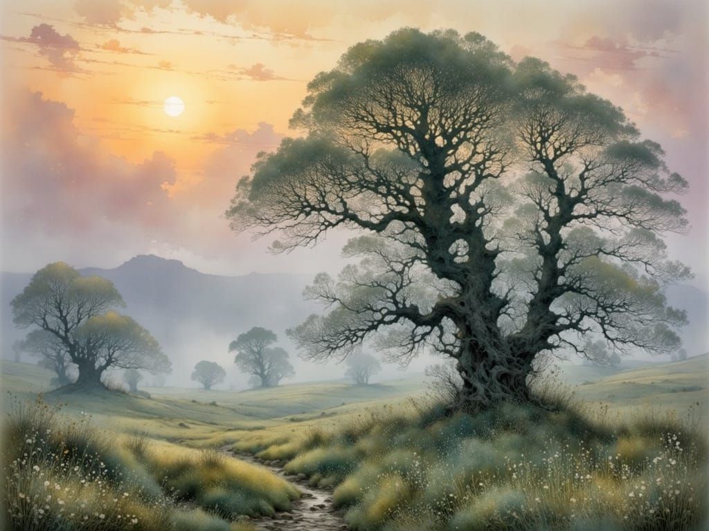 Misty Moorland with Ancient Willows in Watercolor Style