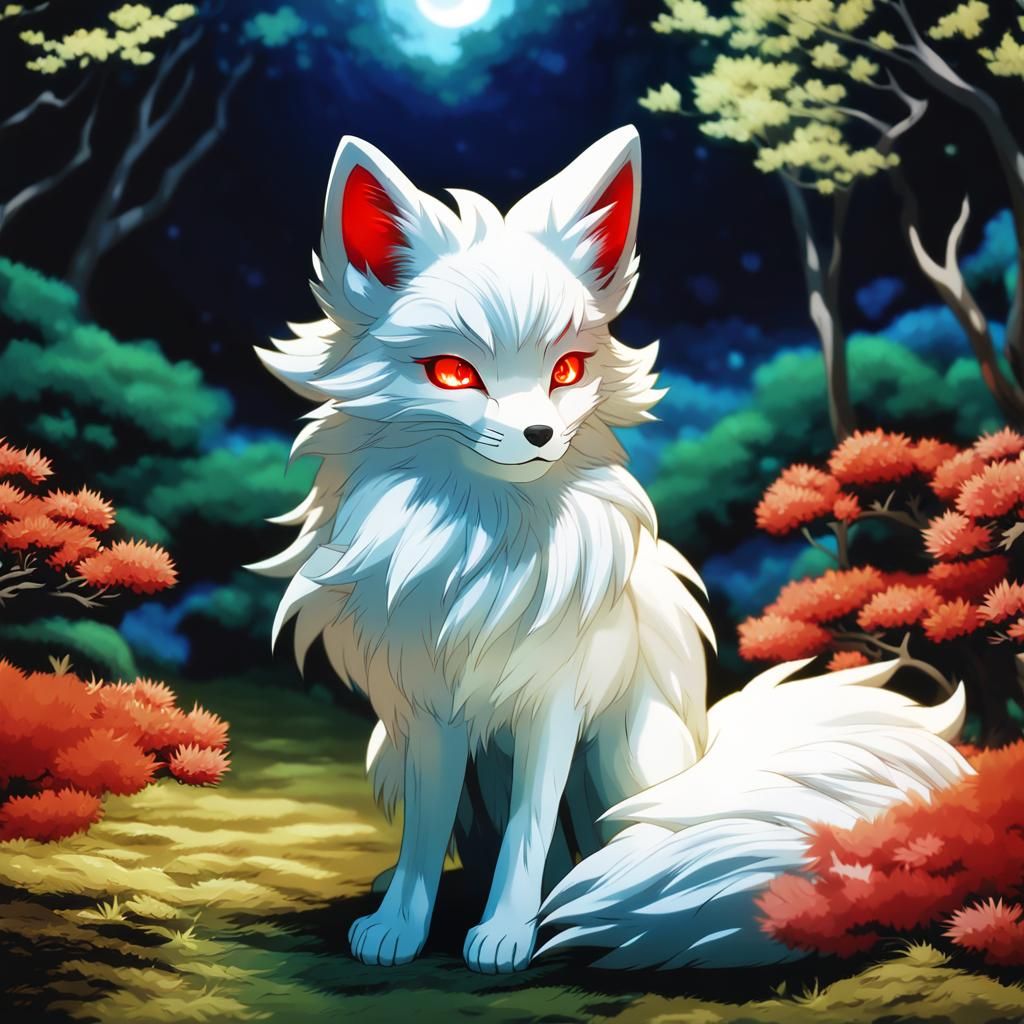 Anime Nine-Tailed Fox Familiar in Japanese Garden