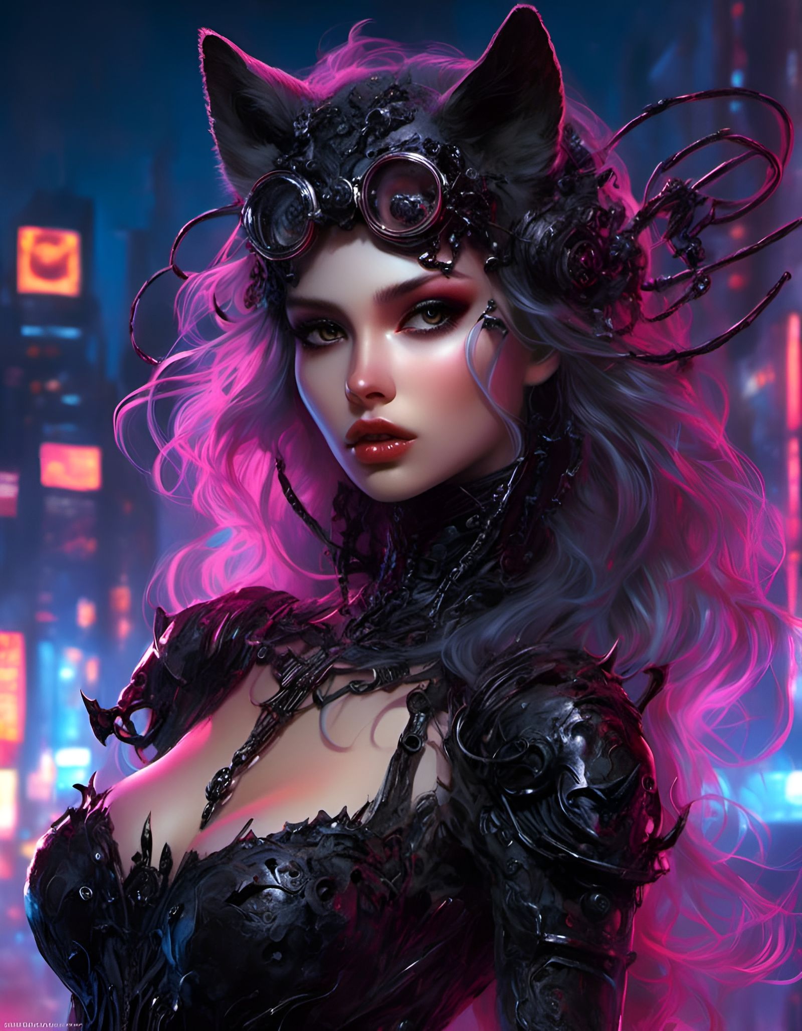 Cat Girl in Night City Digital Art