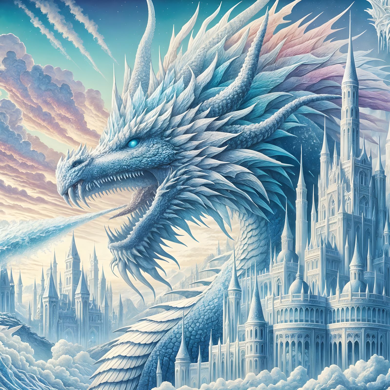 Majestic Pastel Dragon Seated atop Ice Castle