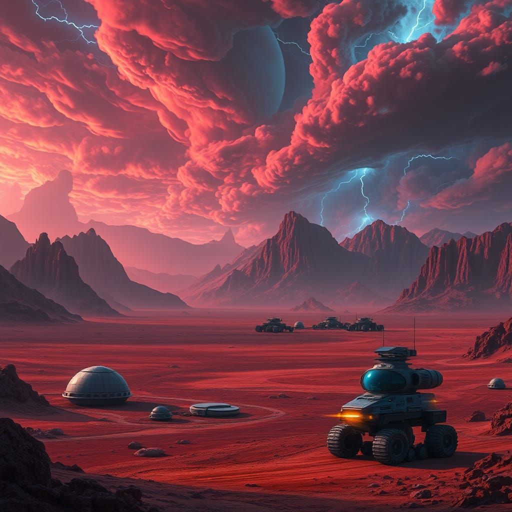 Crimson Alien Planet with Futuristic Bases