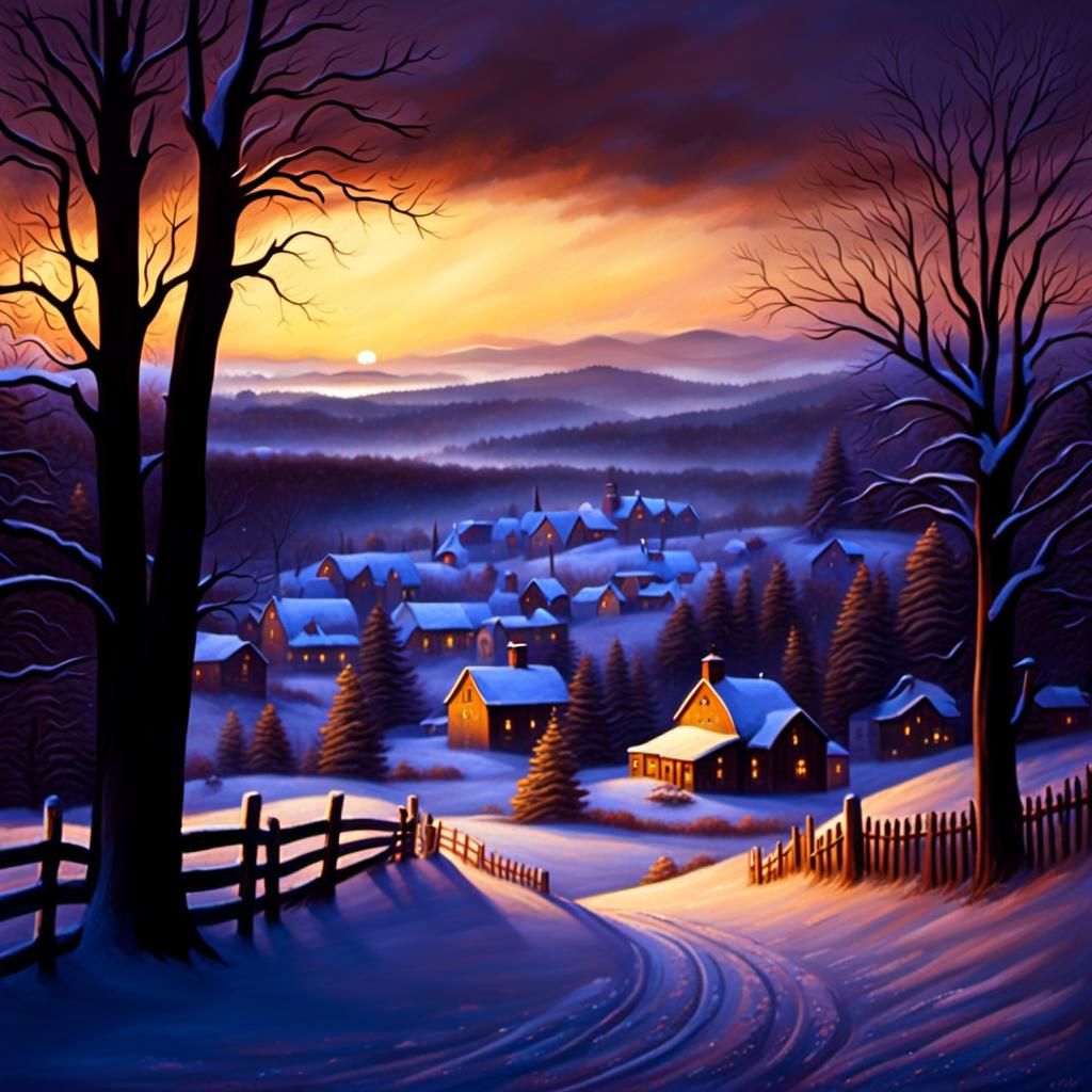 New England Town in Winter Dusk, Romanticism Style