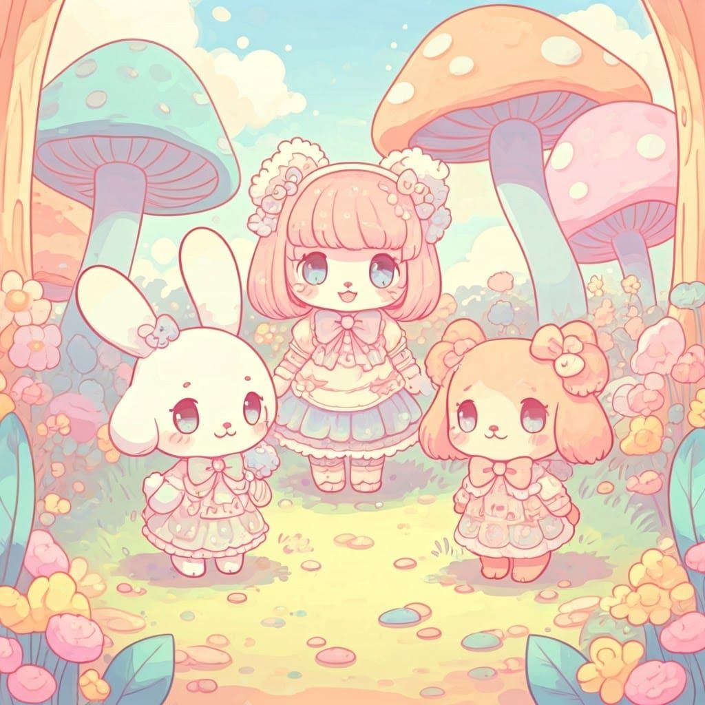 Kawaii Animals in Pastel Anime Forest