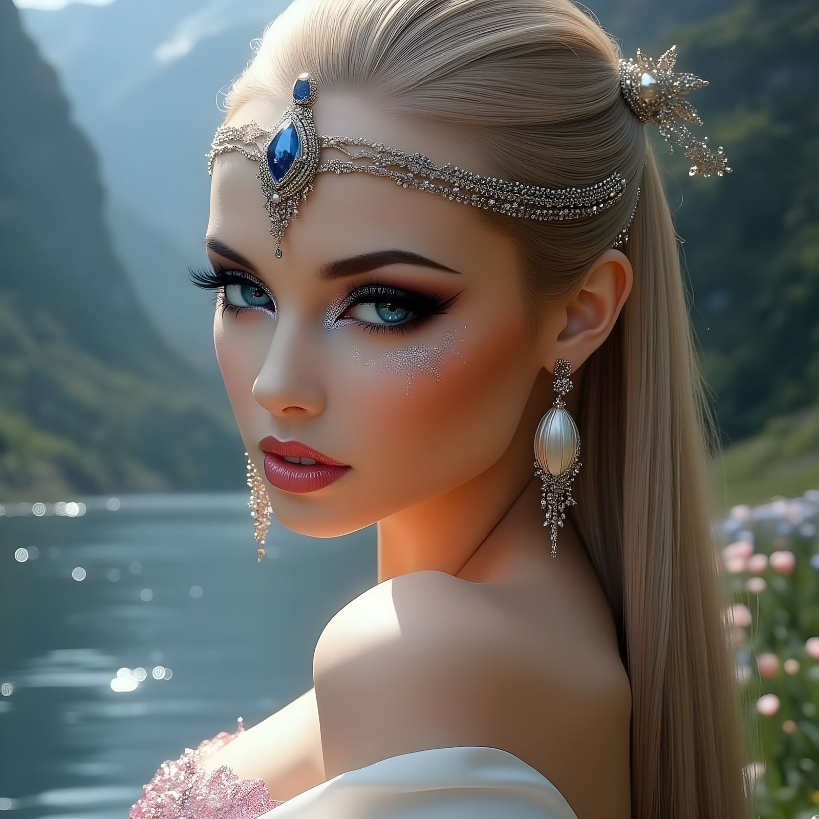 Norse Goddess Portrait with Flaxen Hair and Blue Eyes