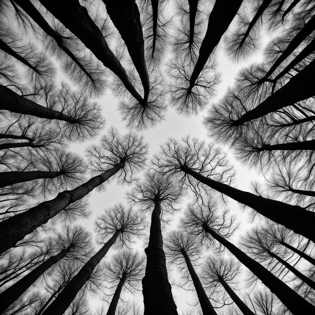 Viewpoint of trees above you from Bottom of Forrest, detailed, can see many branches, symmetrical, golden ratio, hyper r...