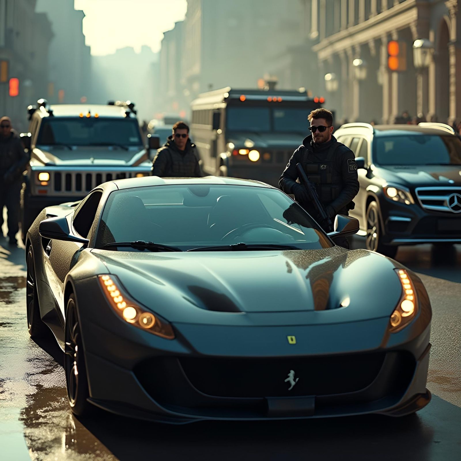 Heavily Armed Man in Ferrari, Hyperrealistic Rendering