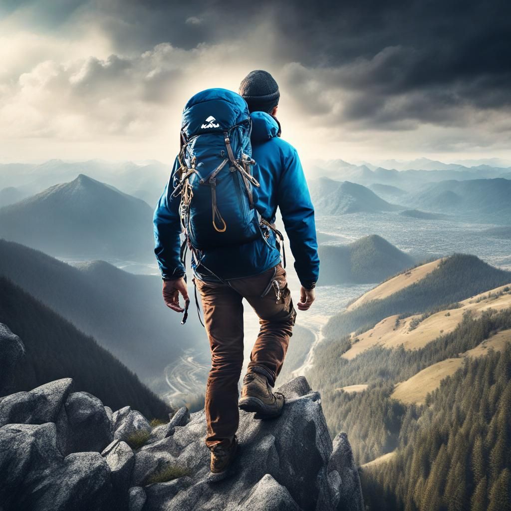 Man Reaches Mountain Peak with Logo: Hyperrealistic Portrait
