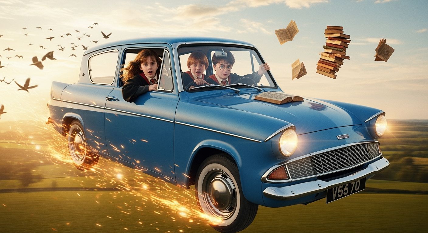 Weasley's Flying Car Soaring Over Countryside