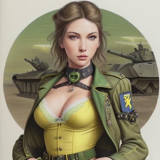 Steampunk Woman on a Panzer and Jet Plane