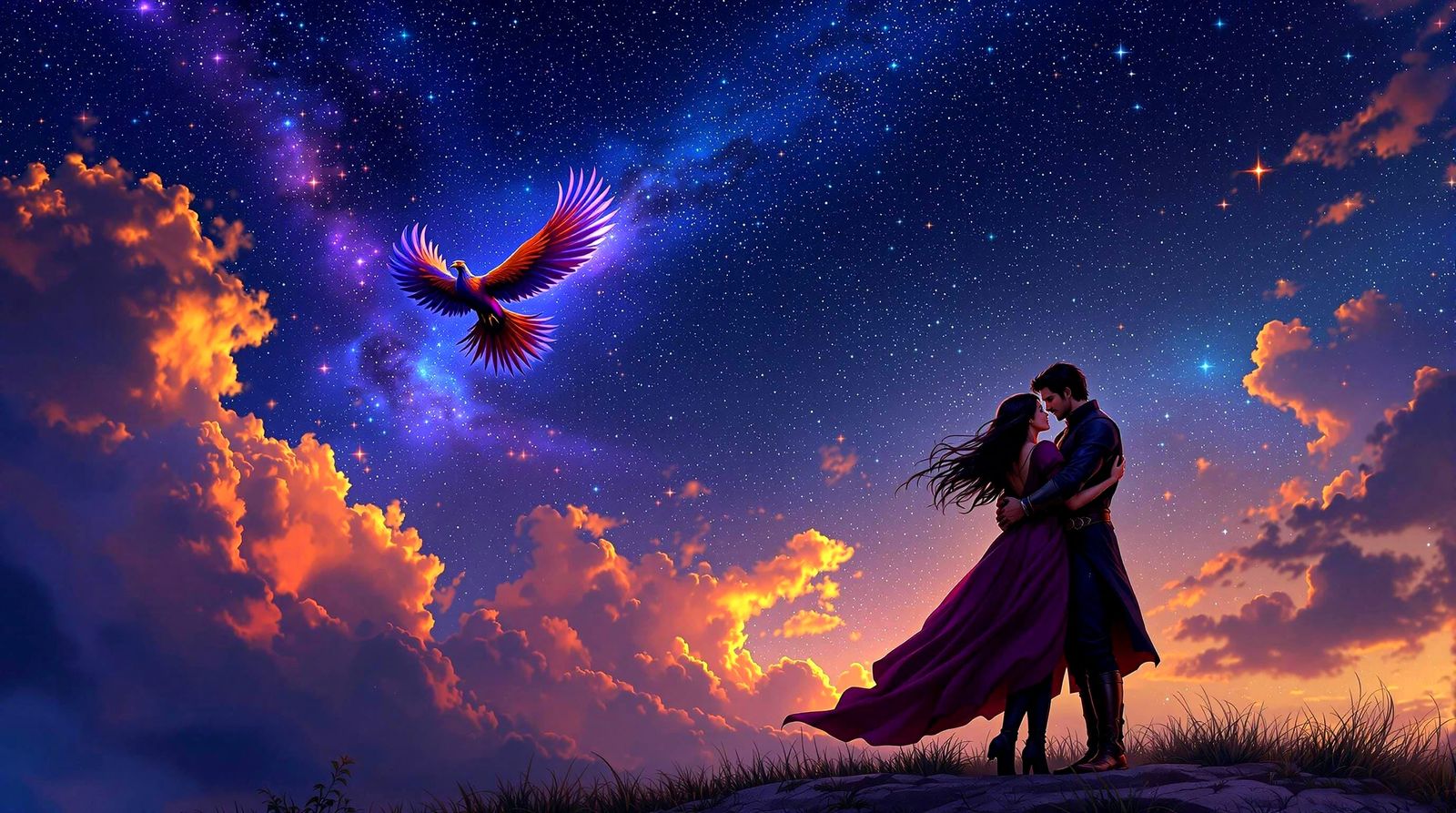 Ethereal Love Amidst Starry Skies in High Fantasy Style