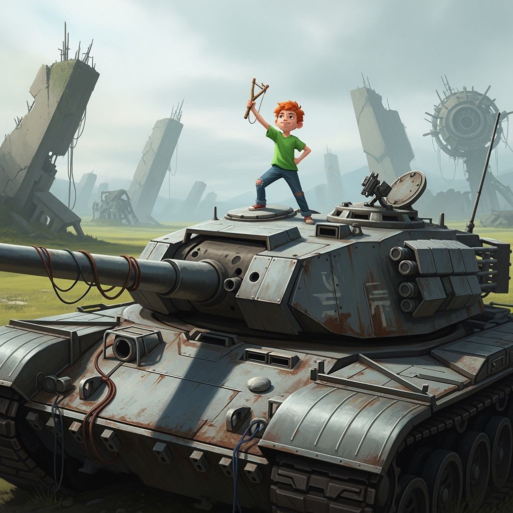 Boy Conquers Tank in Dystopian Digital Art