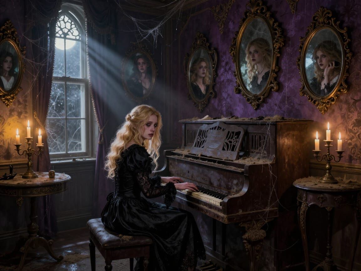 Gothic Despair: Woman Plays Piano in Haunted Victorian Room