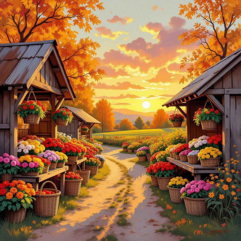 Autumn Sunset Flower Market in Gouache Style