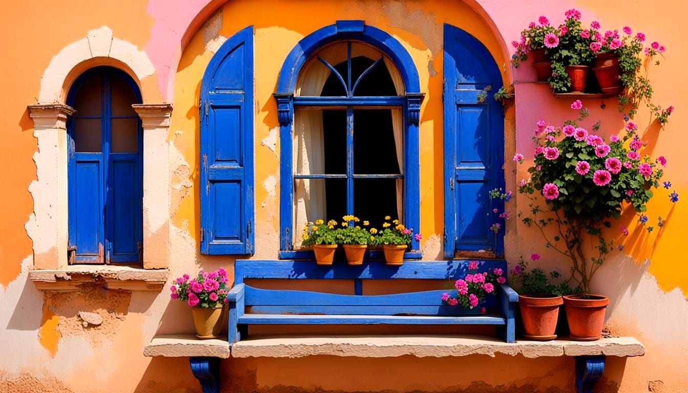 Mediterranean Window with Flowers in Impressionist Style