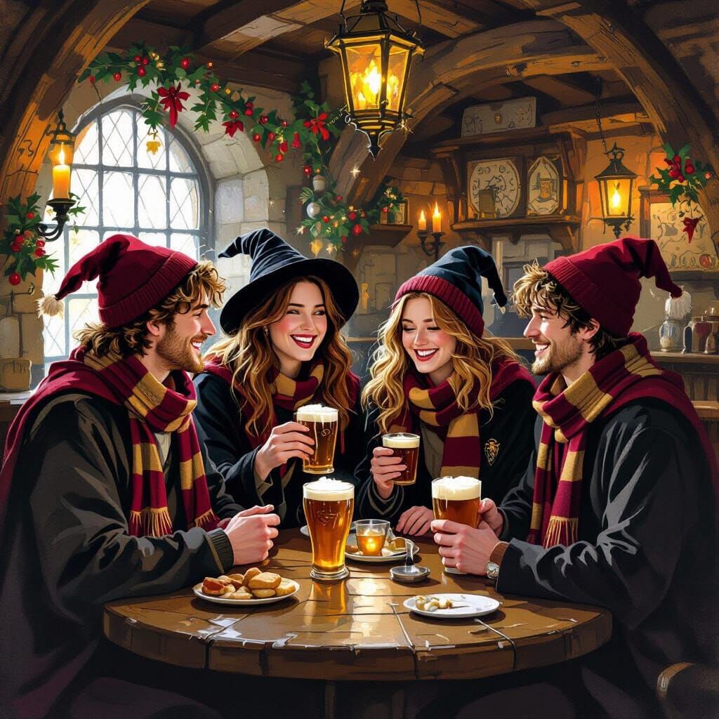 Gryffindors at The Three Broomsticks, Whimsical Art