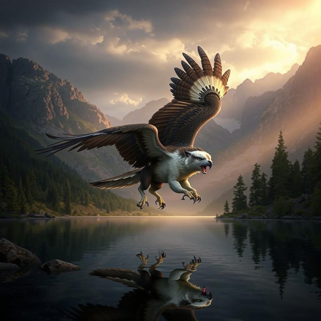 Hybrid Griffin Soars Above Mountain Lake