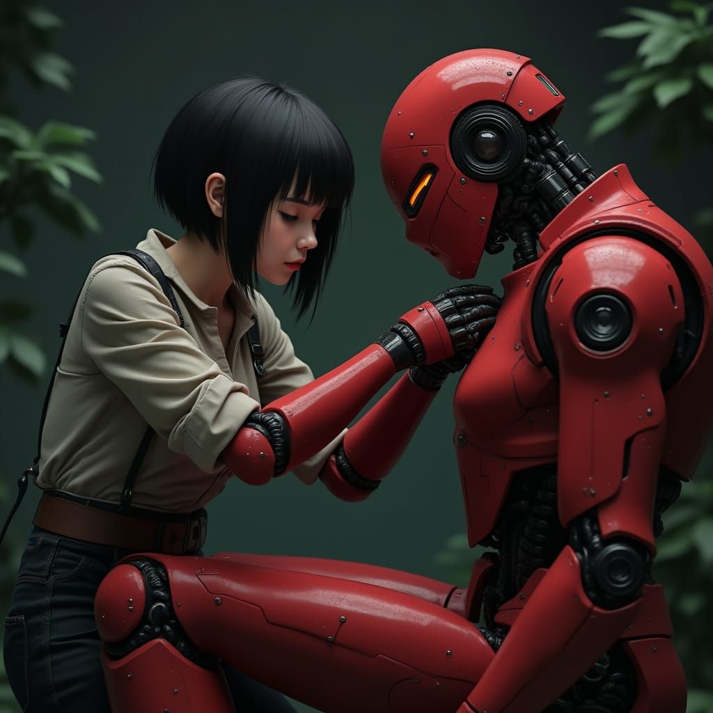 Sci-Fi Girl Repairs Red Robot in Anime Style