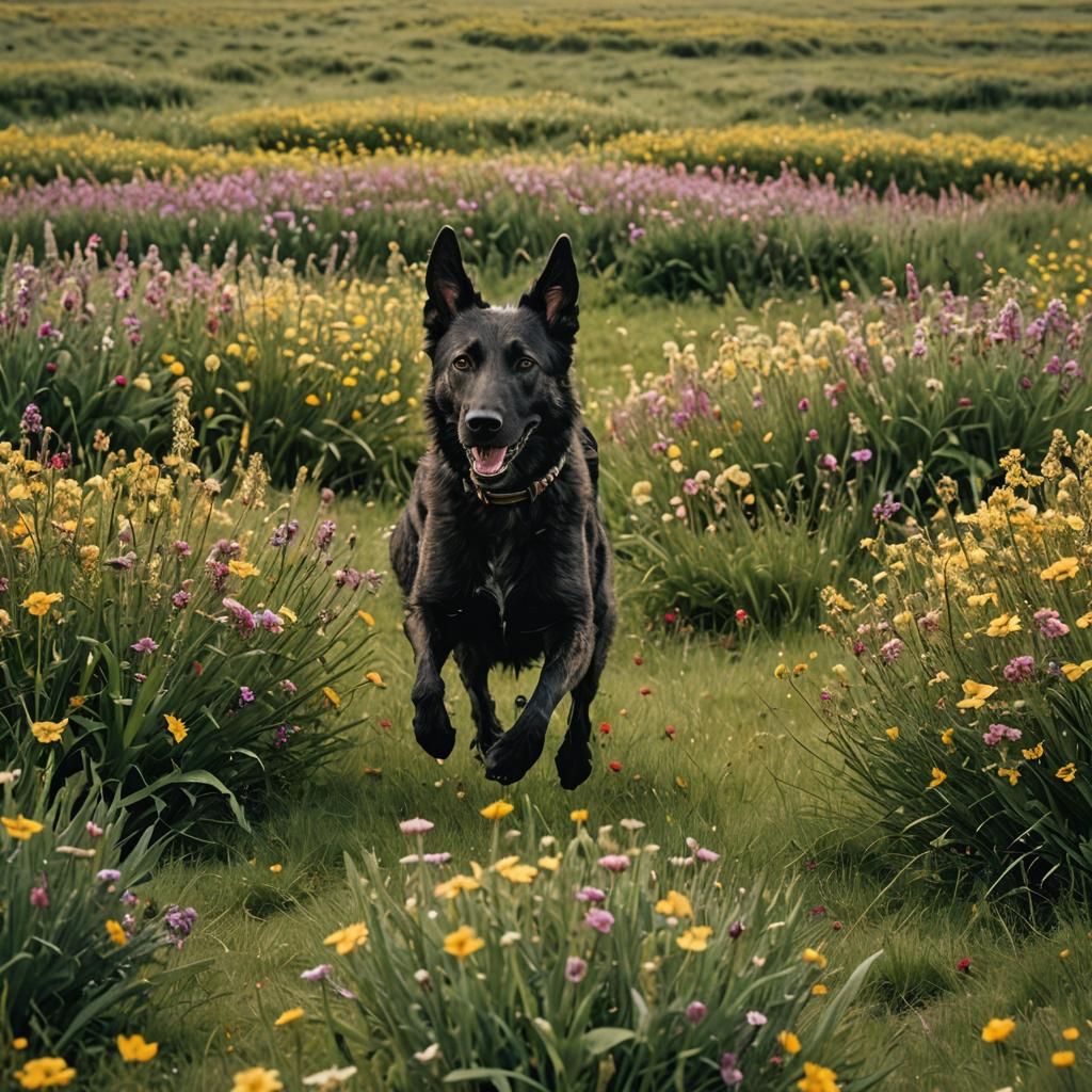 Dutch Shepherd Runs Through Flower Field