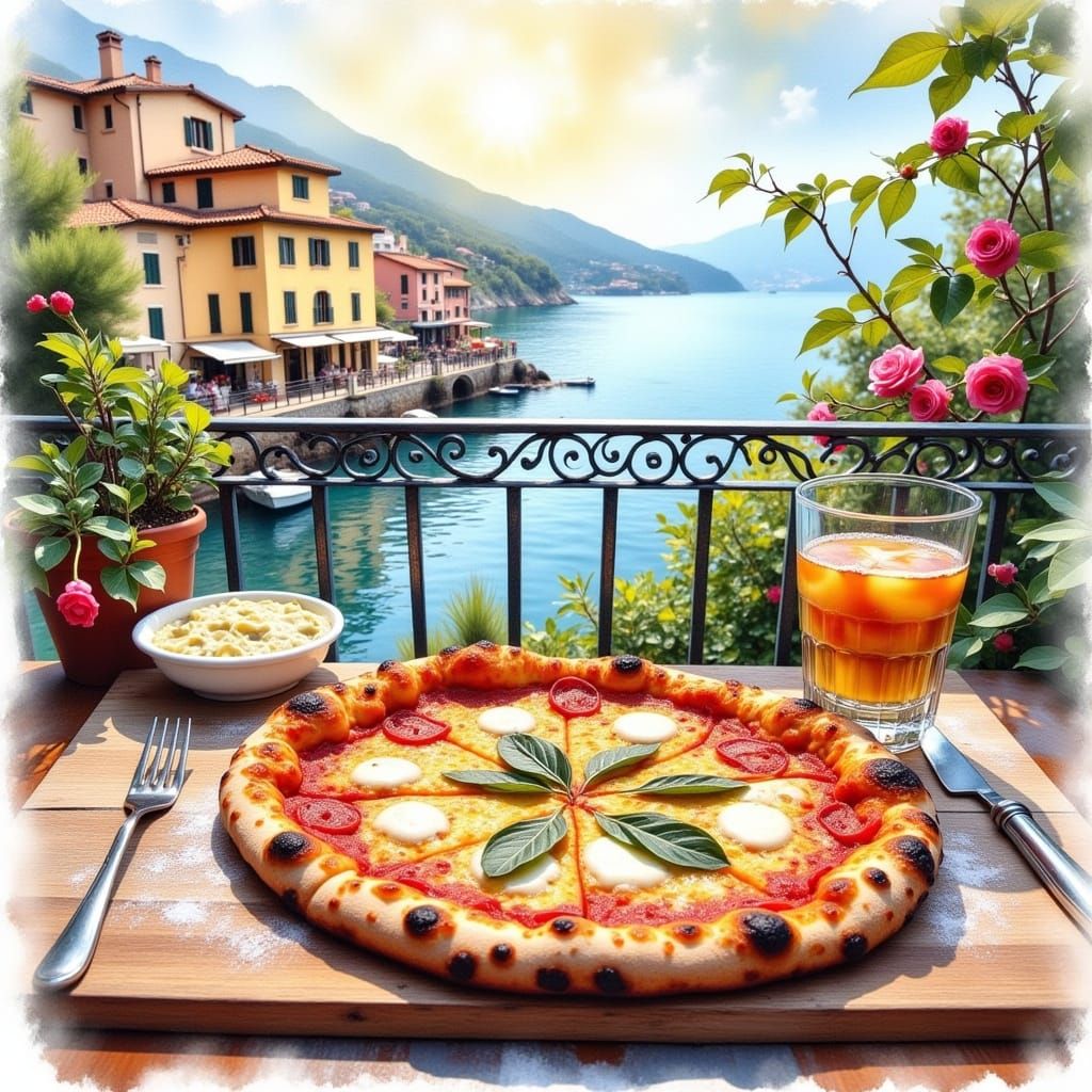 Happy Pizza Meal on a Mediterranean Balcony