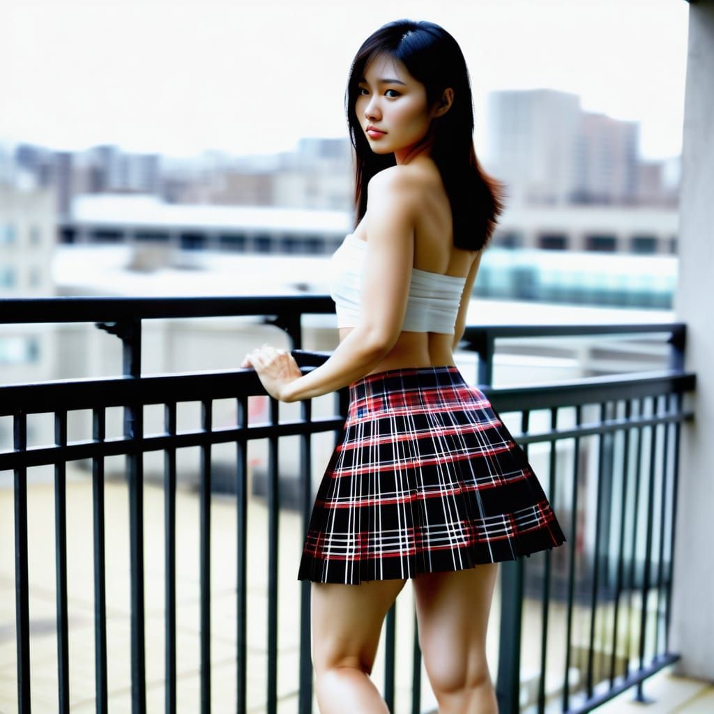 Asian Woman in Plaid Skirt on Balcony