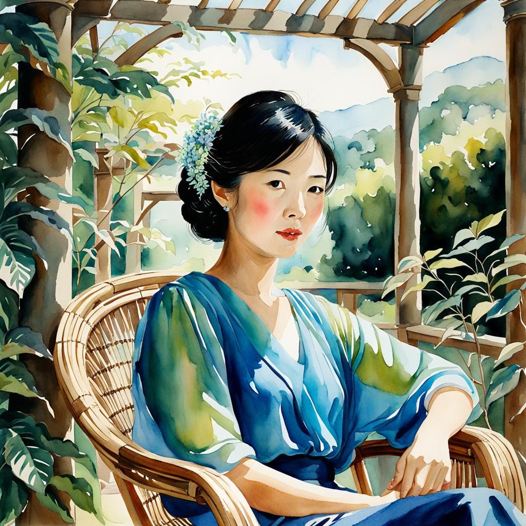 Watercolor Portrait of Woman in Rattan Chair