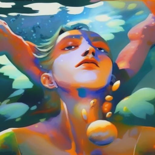 Underwater Boy in Gouache Style