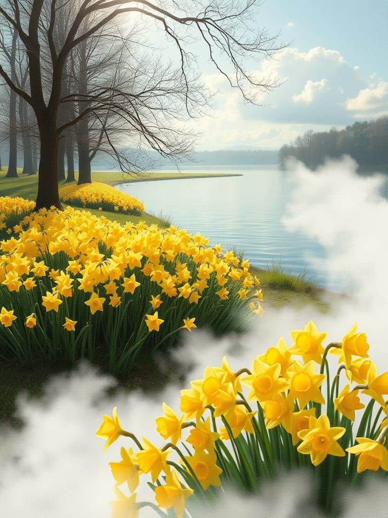 Dreamlike Daffodils Float on a Cloudy Lake
