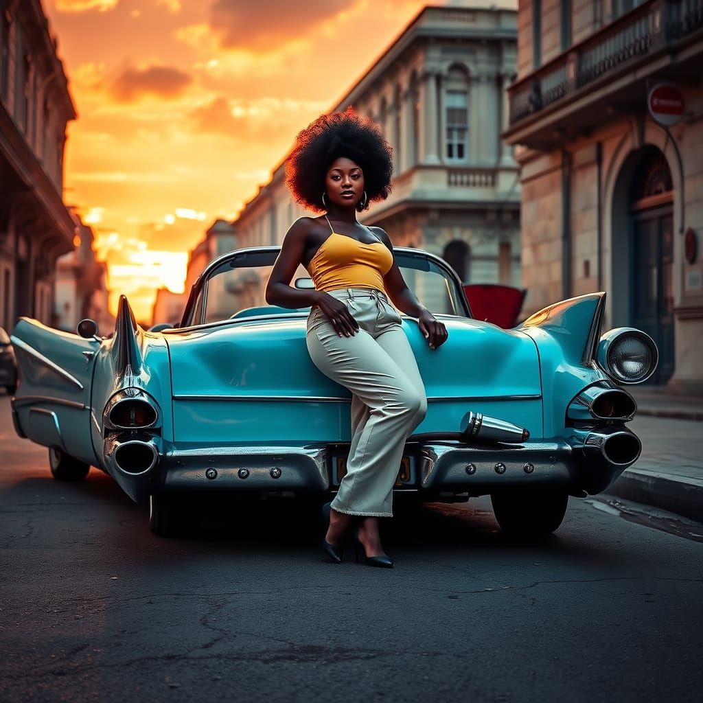 Havana Street Scene with Classic Car and Woman