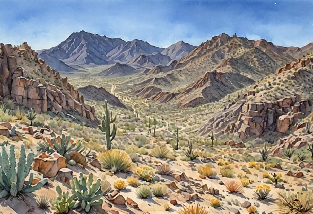 Watercolor Coyote Amongst Saguaro and Agave
