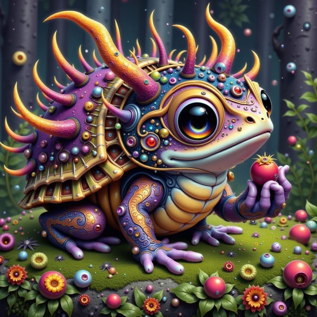 Baby Frog-Tortoise Creature with Berry, in Maximalist Style