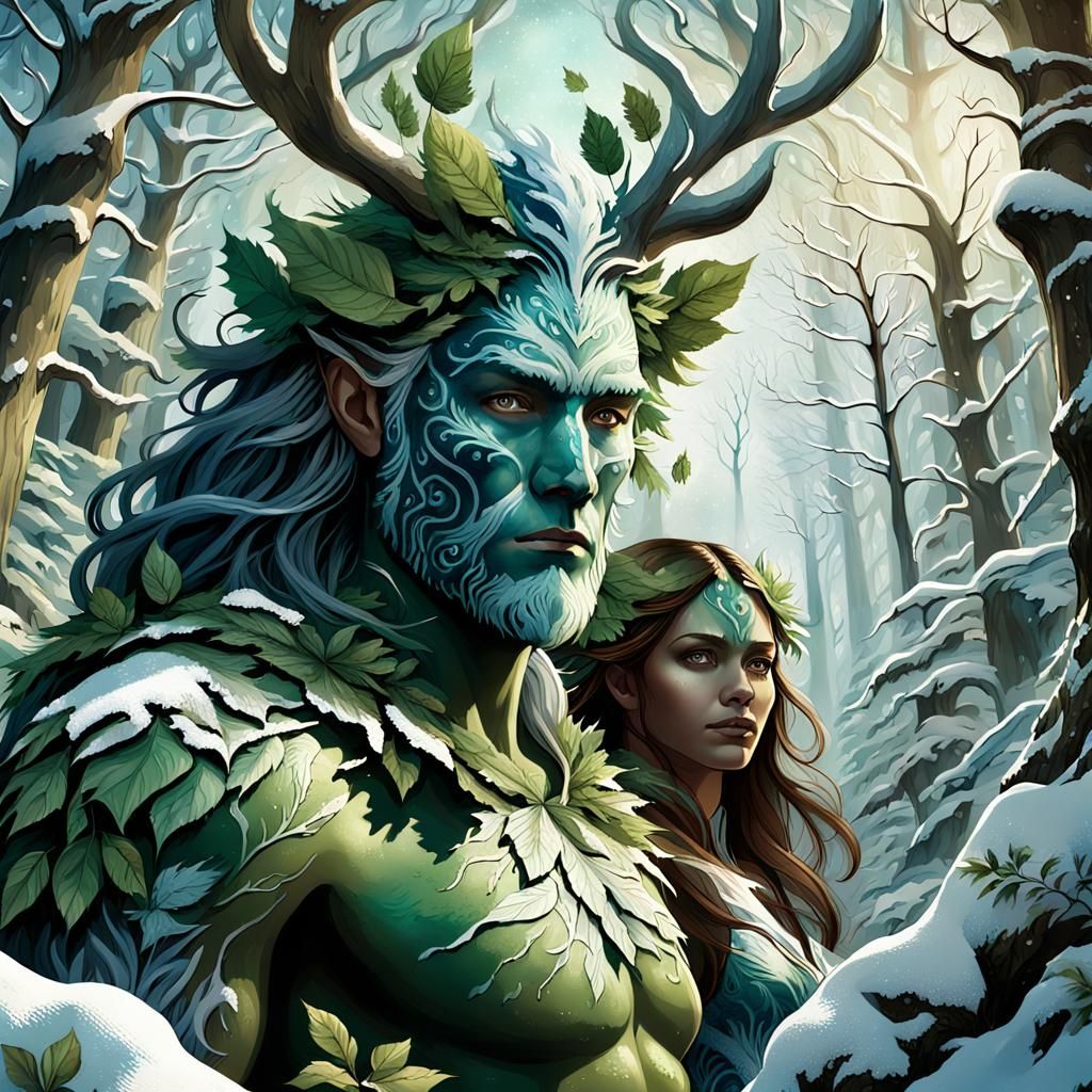 Mythical Green Man and Snow Woman in Forest