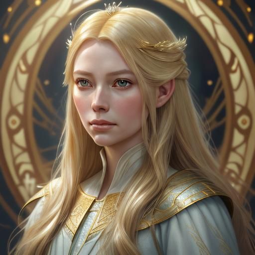 Galadriel Portrait with Golden Hair in Art Nouveau Style