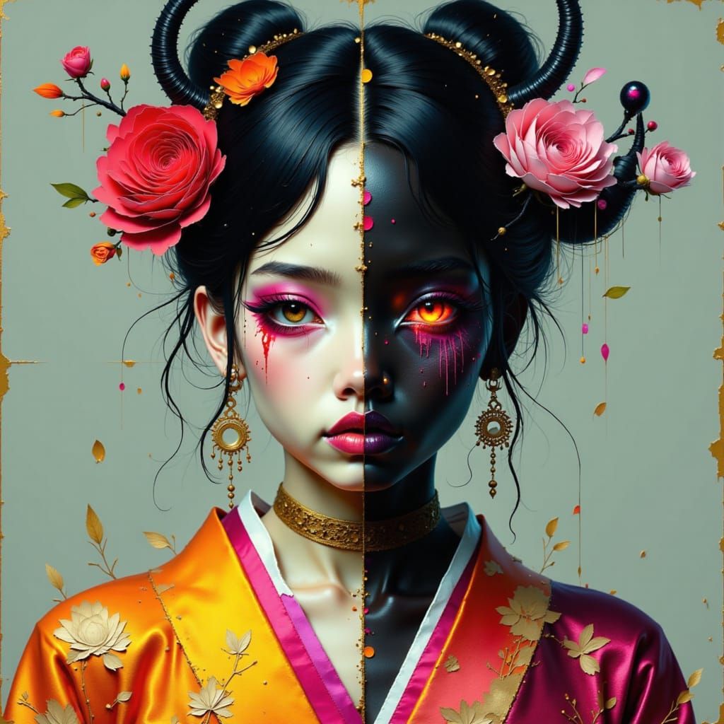 Geisha and Demon Face Blend in Digital Art