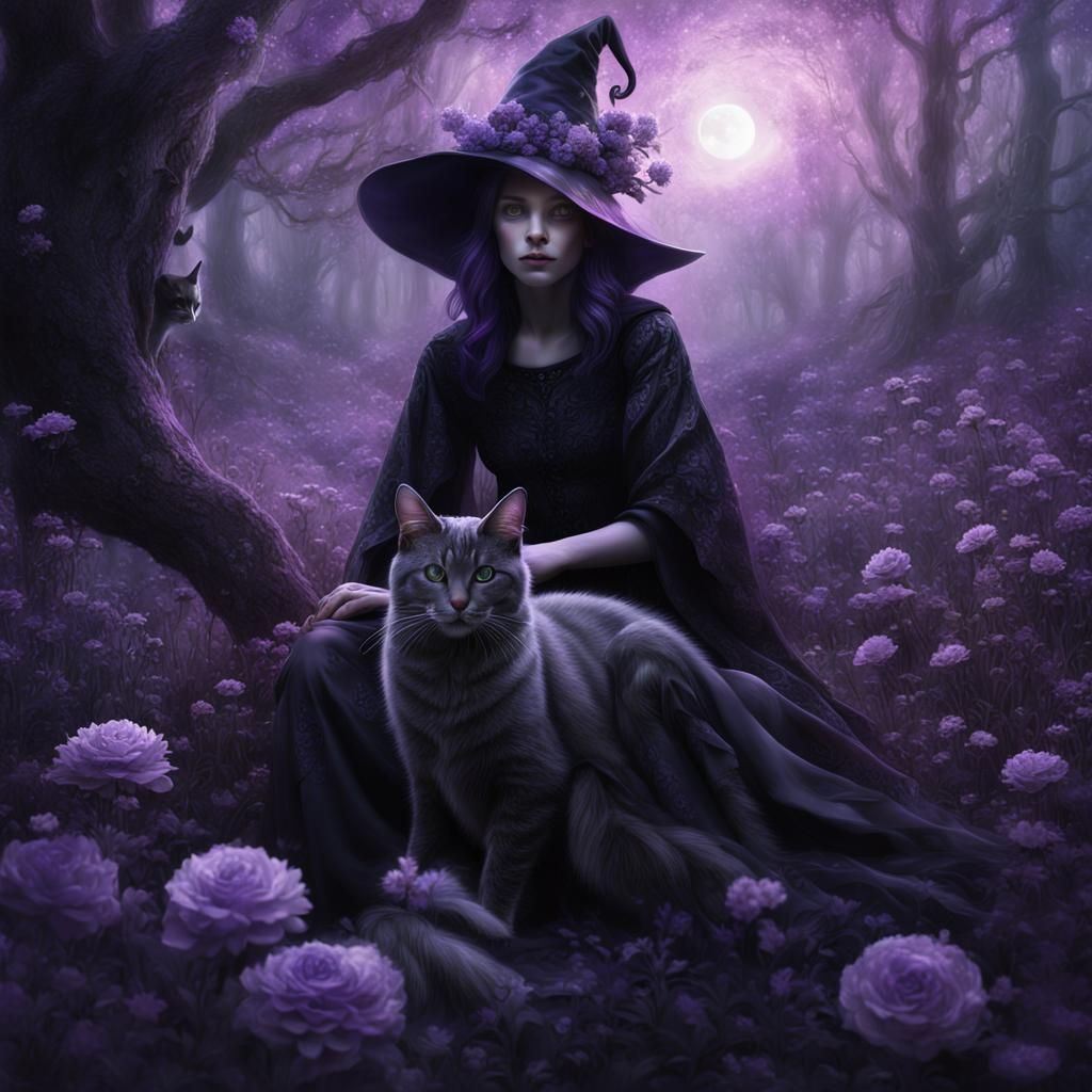 Ethereal Witch and Cat in Luminescent Forest