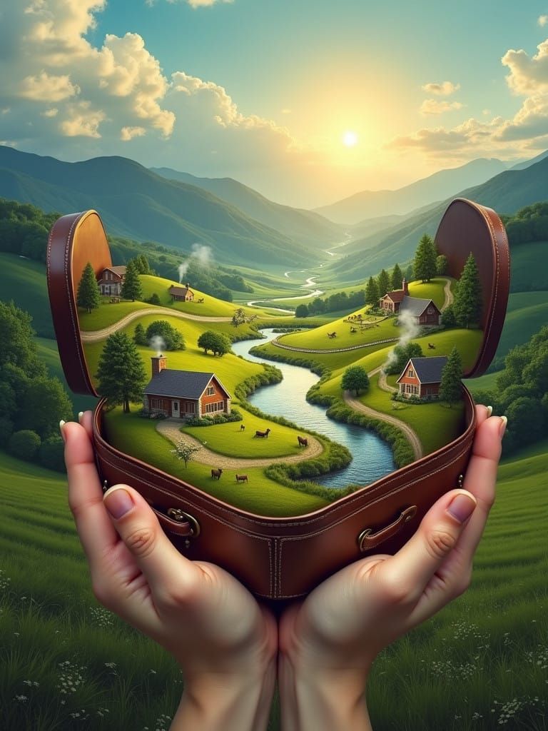 Woman's Hands Cradle Idyllic Valley Scene Within Vintage Sui...