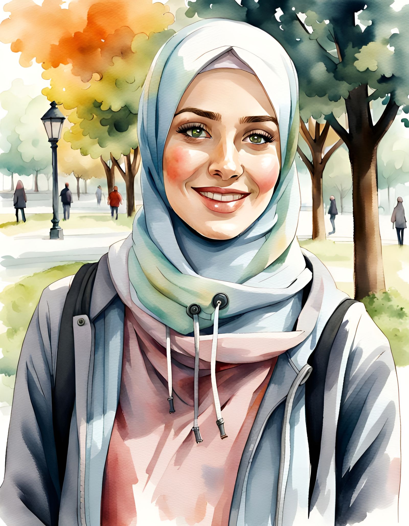 Beautiful Hijabi Woman in Park, Watercolor Portrait