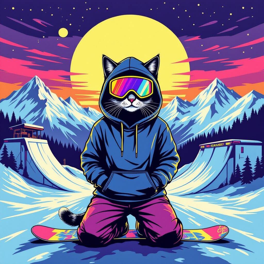 Cat Snowboarder in Alps Snow Park Pop Art Style