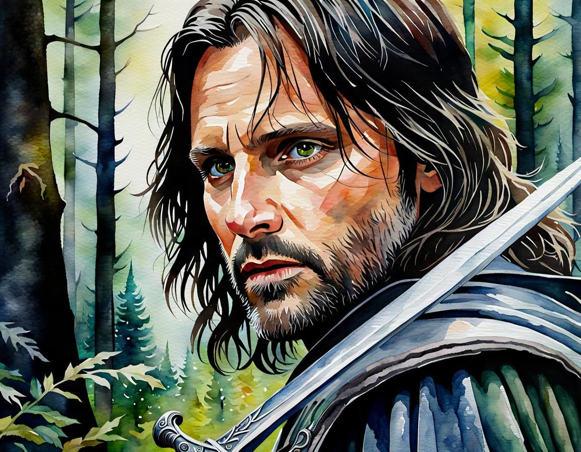 Aragorn in Forest, Watercolor Portrait