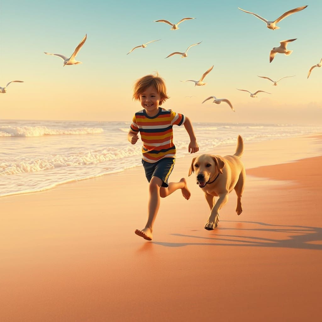 Heartwarming Morning Beach Scene with Boy and Yellow Labrado...