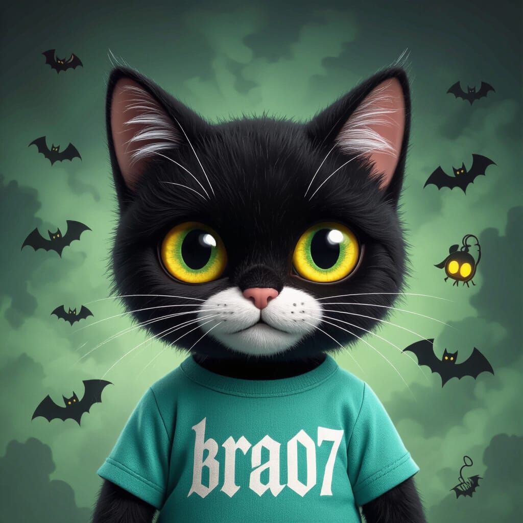 Gothic Plush Cat with Neon Text on Dark Background